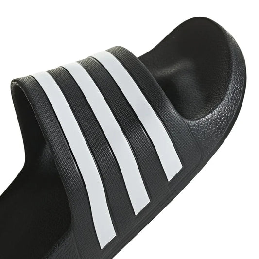 Black Adidas Adilette Aqua Slides with sporty design, perfect for casual wear and water activities.