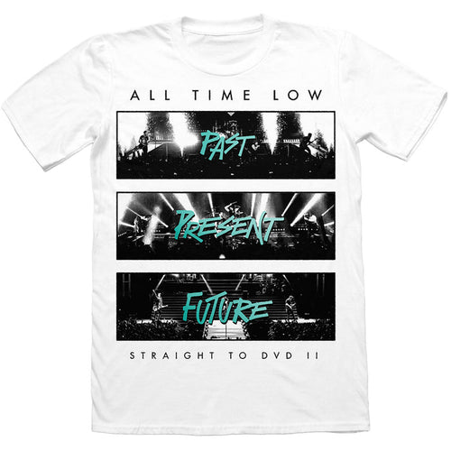 White t-shirt on a white background. Black text All Time Low at the top. Black Text Straight To DVD II at the bottom. In between 3 live shots of the band in black & white with each contain text PAST. PRESENT. FUTURE.
