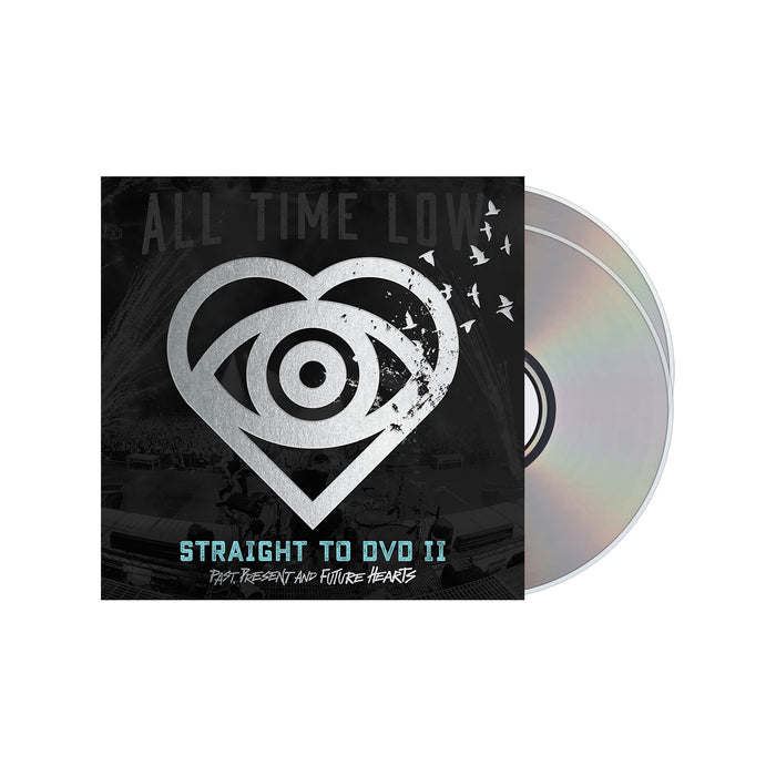 All Time Low "Straight To DVD II. Past Present And Future Hearts"". Silver circle that contains a heart and eyeball with birds flying out of it.