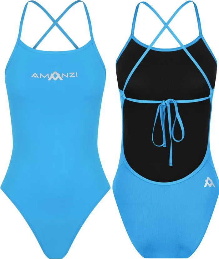Blue Amanzi Girls Atoll tie-back one-piece swimsuit, featuring a stylish design and comfortable fit for young swimmers.