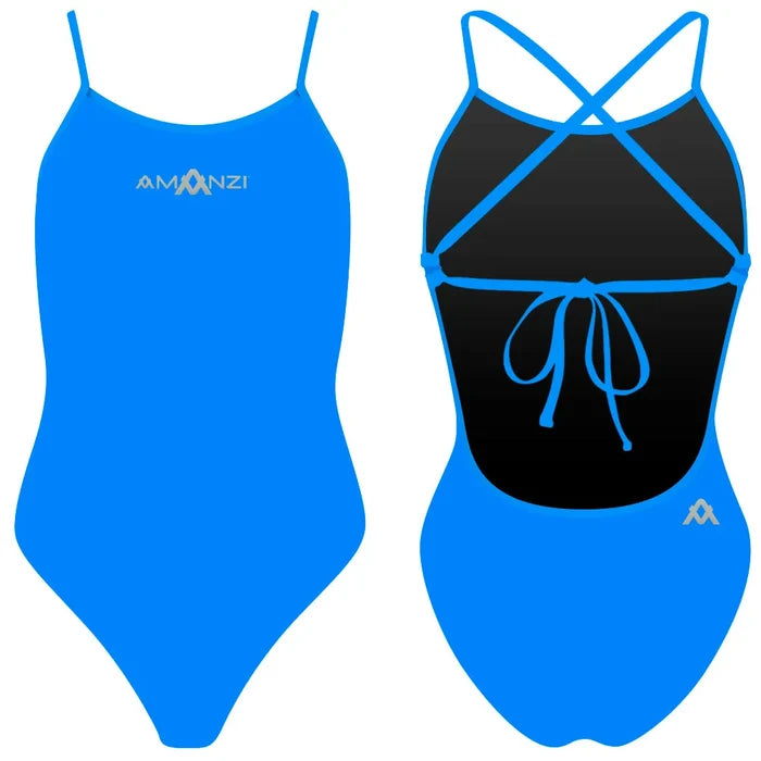 Amani girls' azure blue tie-back one-piece swimsuit with ruffled straps, perfect for swimming and beach days.