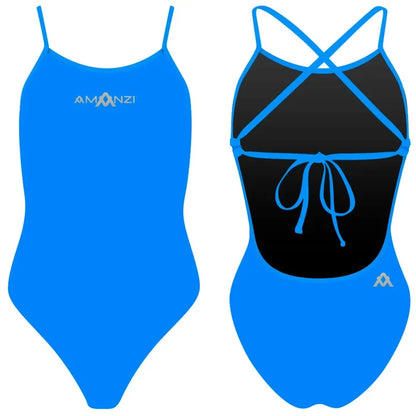 Amani girls' azure blue tie-back one-piece swimsuit with ruffled straps, perfect for swimming and beach days.