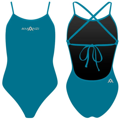 Amani girls' blue Bermuda tie-back one-piece swimsuit with stylish back tie detail, perfect for swimming and beach wear.