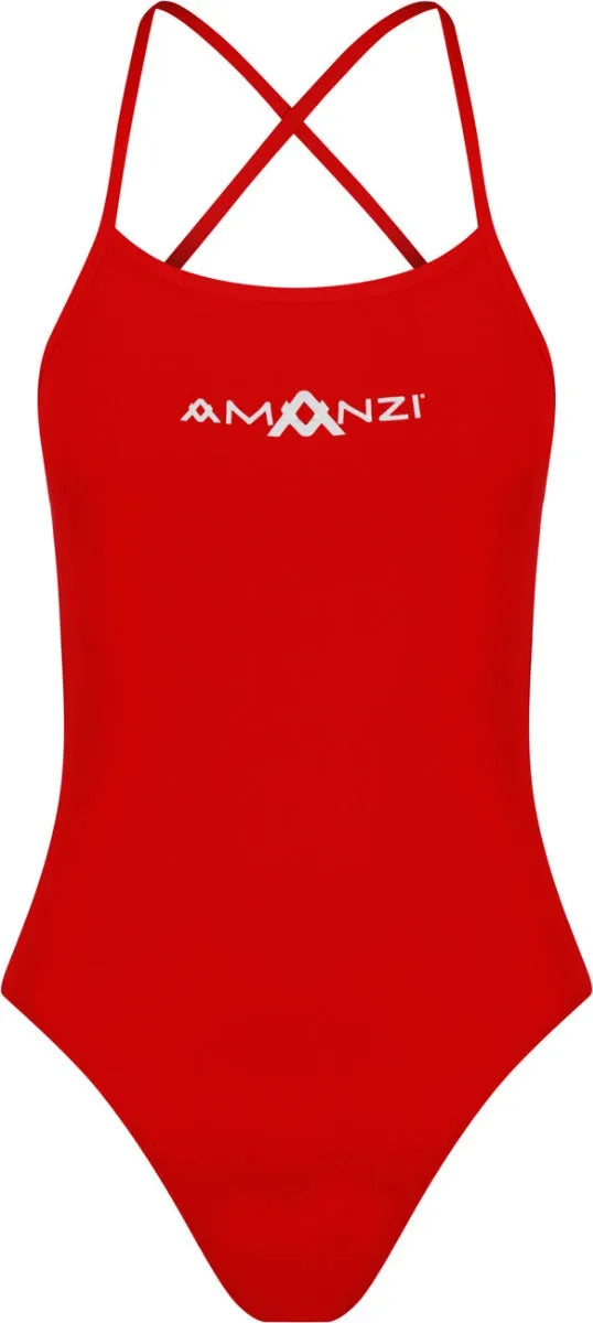 Red Amanzi girls' Blaze tie-back one-piece swimsuit with stylish design and comfortable fit, perfect for swimming and beach days.