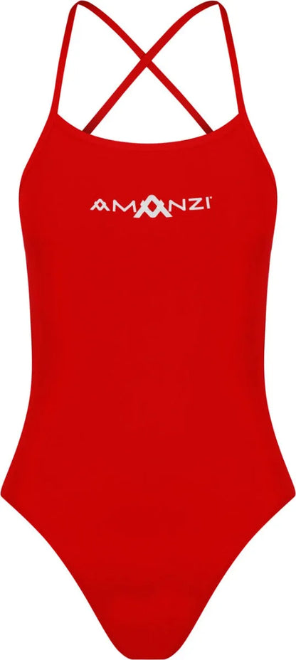 Red Amanzi girls' Blaze tie-back one-piece swimsuit with stylish design and comfortable fit, perfect for swimming and beach days.