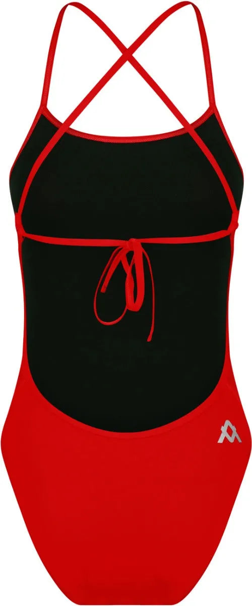 Red Amanzi Girls Blaze one-piece swimsuit with tie-back design, featuring a stylish and comfortable fit for young swimmers.