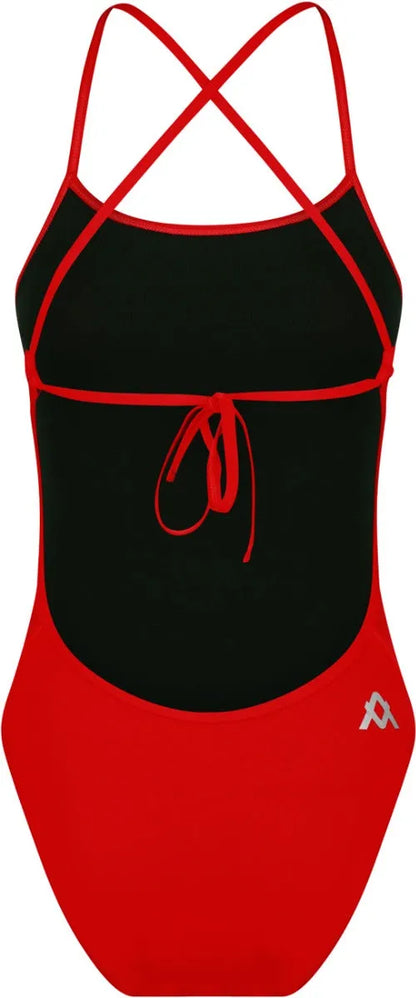 Red Amanzi Girls Blaze one-piece swimsuit with tie-back design, featuring a stylish and comfortable fit for young swimmers.