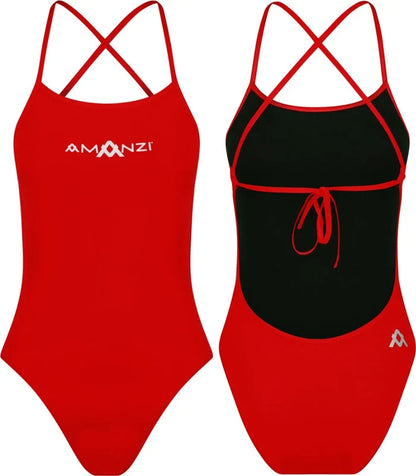 Amani Girls Blaze red one-piece swimsuit with tie-back design, featuring a stylish and comfortable swimwear style for girls.