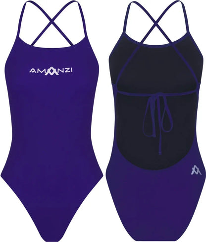 Amani girls' blue blueberry tie-back one-piece swimsuit with adjustable straps, featuring a vibrant blue color and stylish design.