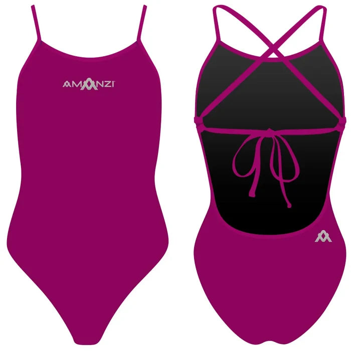 Amani girls' purple Bordeaux tie-back one-piece swimsuit with a stylish design and comfortable fit.