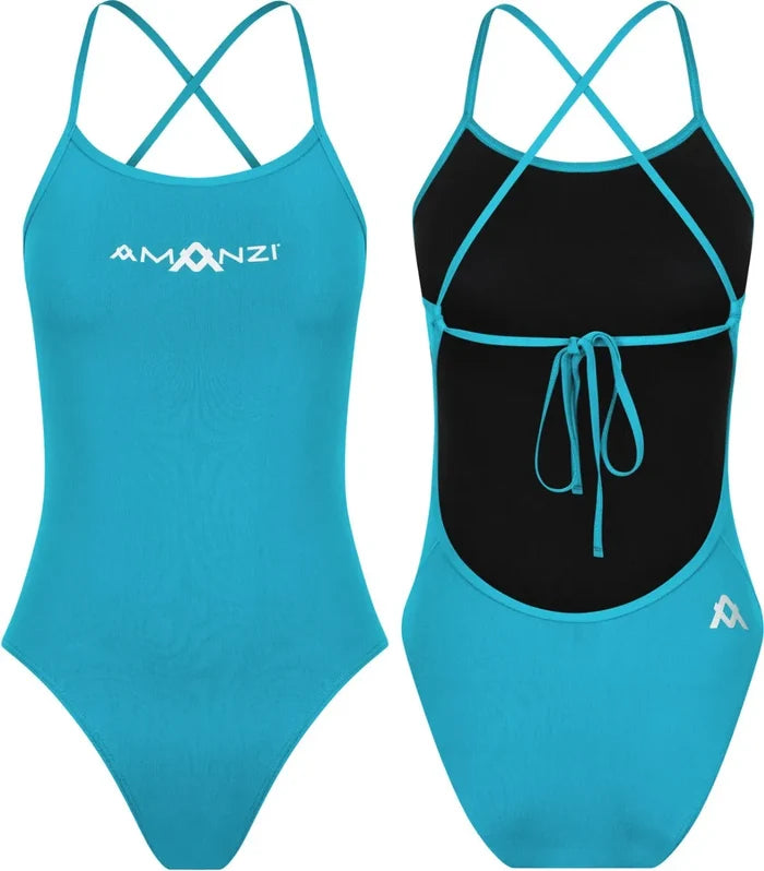 Amani girls Calypso blue one-piece swimsuit with tie-back design, suitable for swimming and beachwear.