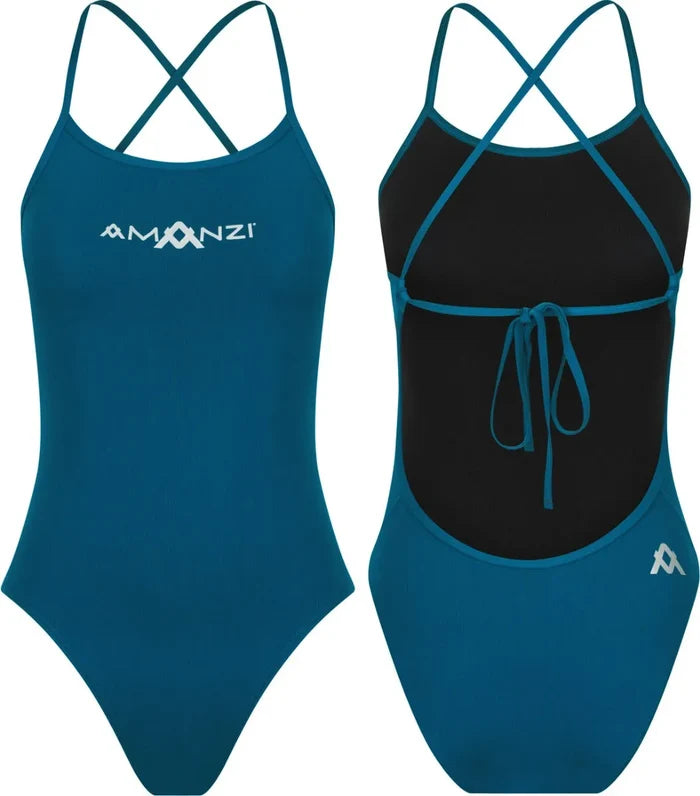 Amani Girls Neptune navy one-piece swimsuit with tie-back design, featuring a stylish and comfortable fit for young girls.