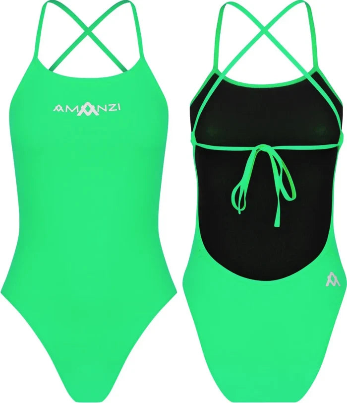 Amani girls' peppermint green tie-back one-piece swimsuit with ruffled details, suitable for swimming and beachwear.