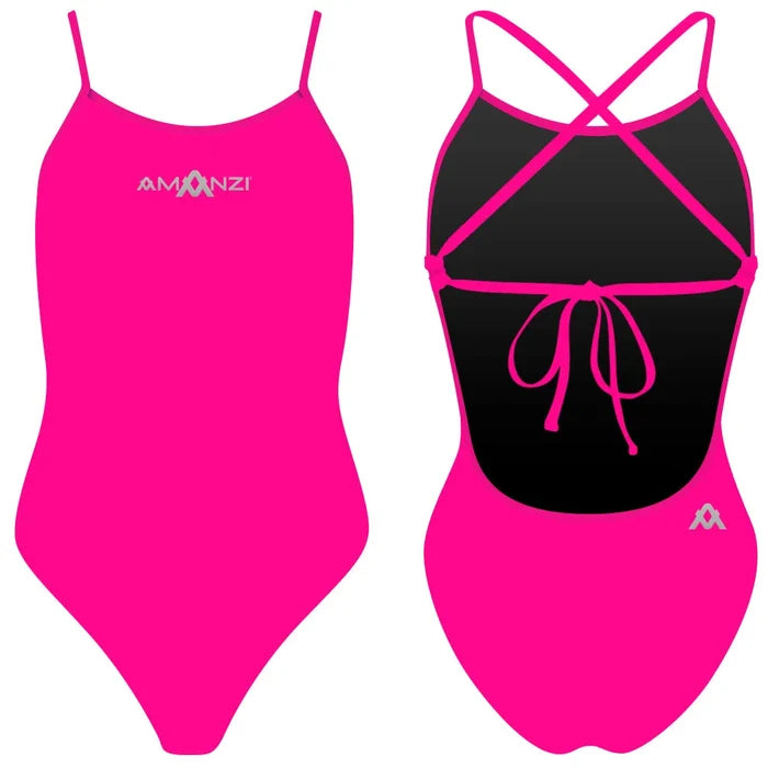 Pink Amanzi girls' Pixie tie-back one-piece swimsuit with ruffled details, perfect for young swimmers.