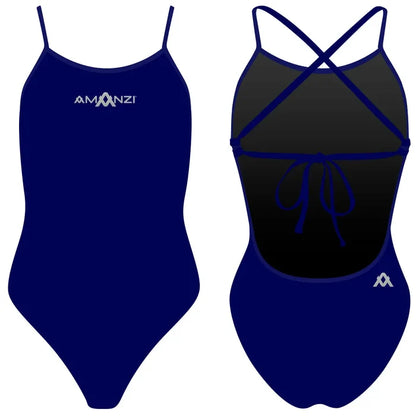 Amani girls' sapphire blue one-piece swimsuit with tie-back design, perfect for swimming and beachwear.