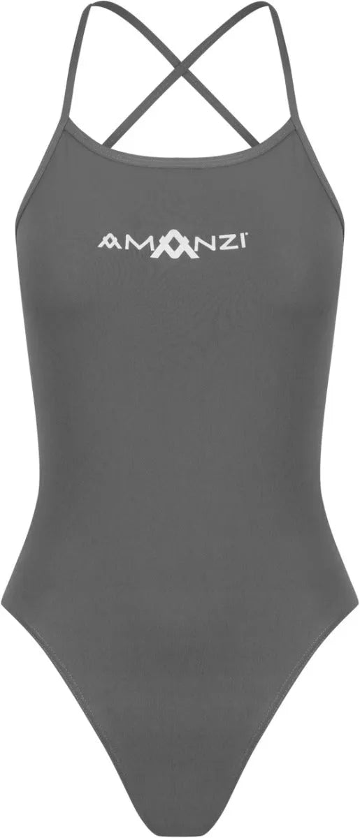 Amani girls' grey shadow tie-back one-piece swimsuit with stylish design, perfect for young swimmers.