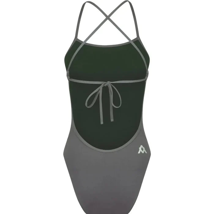 Amani girls' grey shadow tie-back one-piece swimsuit with adjustable straps and a stylish back design, perfect for swimming.