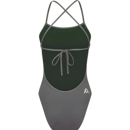 Amani girls' grey shadow tie-back one-piece swimsuit with adjustable straps and a stylish back design, perfect for swimming.