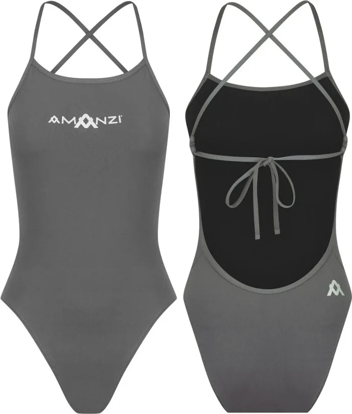 Amani girls' grey shadow tie-back one-piece swimsuit with stylish design, perfect for swimming and beachwear.