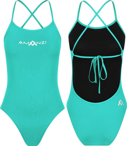 Amani girls spearmint green tie-back one-piece swimsuit with adjustable straps and a stylish design, perfect for swimming and beach fun.