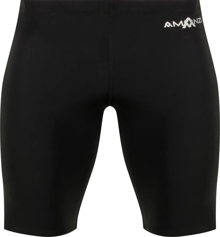 Black Amanzi Mens Acceler8 RIZE Jammers for swimming, featuring a sleek design and comfortable fit for competitive swimmers.