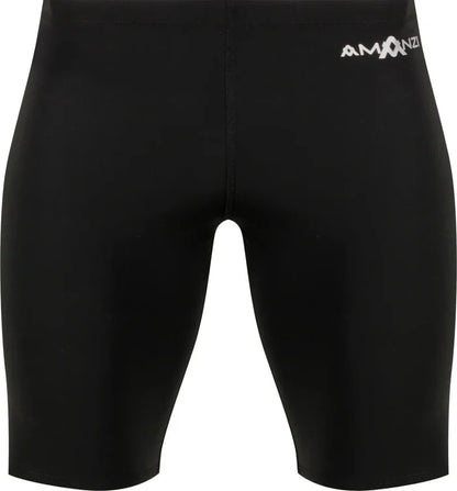 Black Amanzi Mens Acceler8 RIZE Jammers for swimming, featuring a sleek design and comfortable fit for competitive swimmers.