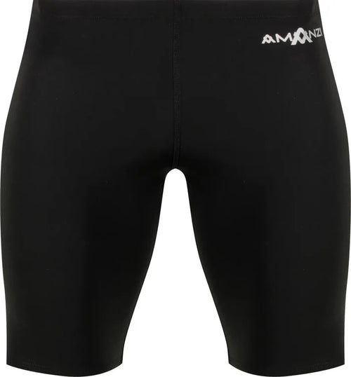 Black Amanzi Mens Acceler8 RIZE Jammers for swimming, featuring a sleek design and comfortable fit for competitive swimmers.
