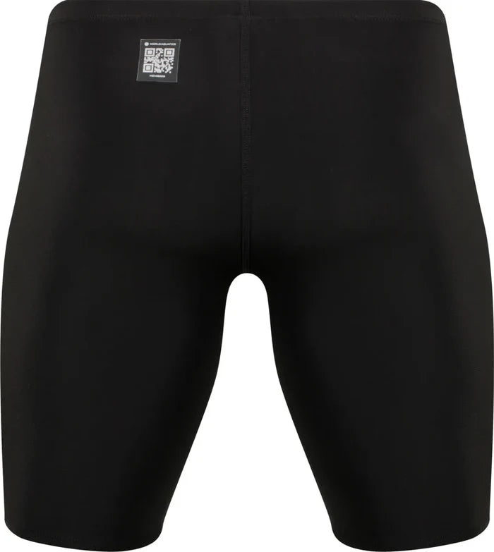 Amanzi men's Acceler8 RIZE black jammer swimwear, close-up view showing sleek design and stretchy fabric for competitive swimming.