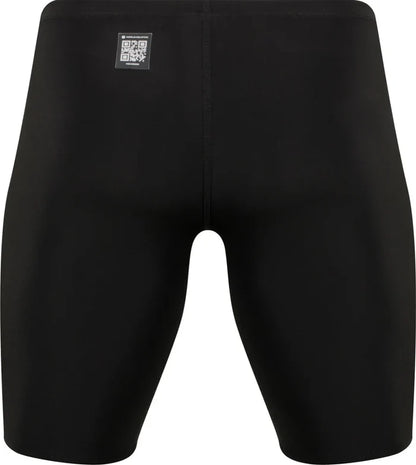 Amanzi men's Acceler8 RIZE black jammer swimwear, close-up view showing sleek design and stretchy fabric for competitive swimming.