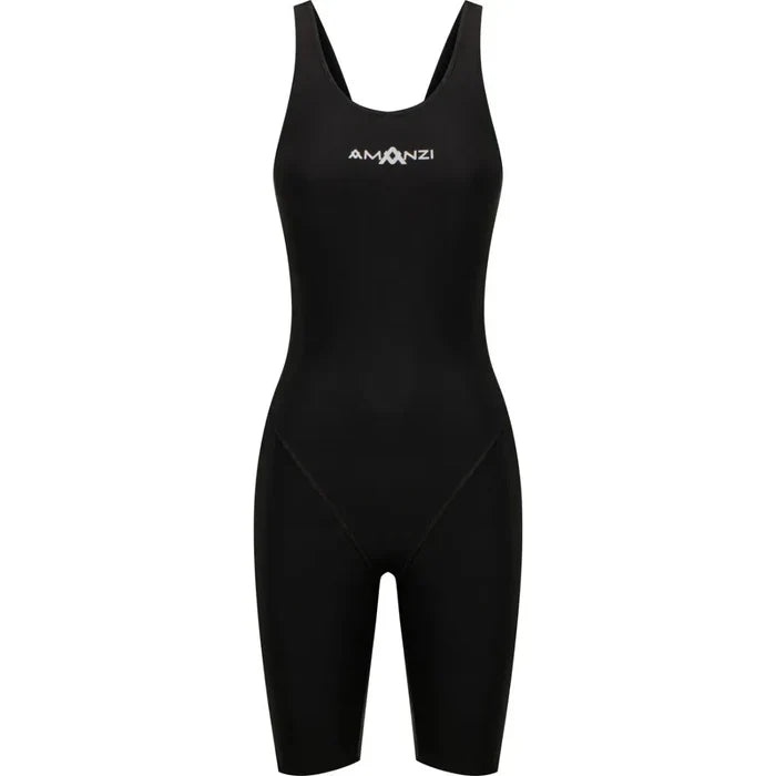 Amanzi Women's Acceler8 RIZE Kneesuit in black, close-up of the sleek, fitted wetsuit designed for water sports and diving activities.