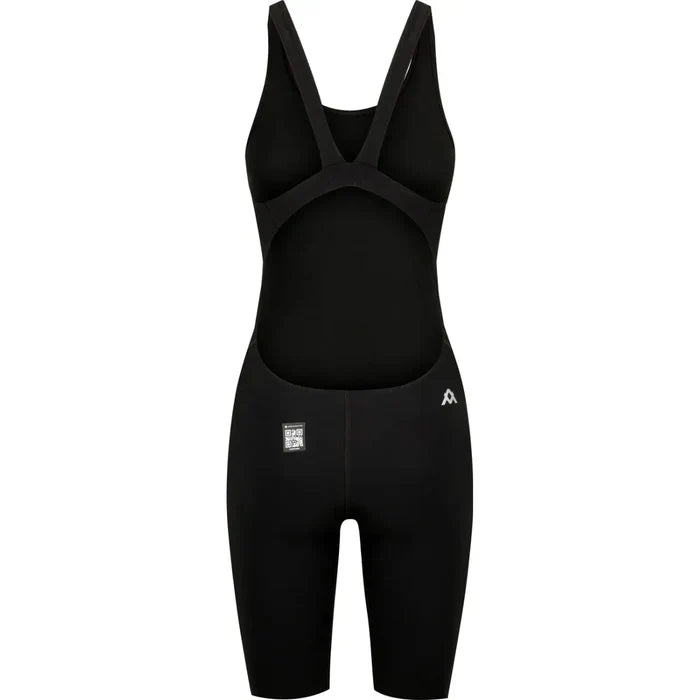 Amani Womens Acceler8 RIZE black kneesuit, form-fitting wetsuit with long sleeves and high neck, designed for water sports and diving.