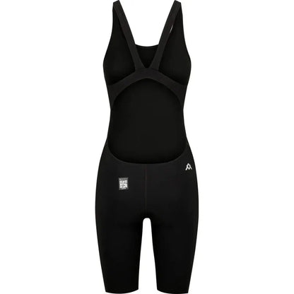 Amani Womens Acceler8 RIZE black kneesuit, form-fitting wetsuit with long sleeves and high neck, designed for water sports and diving.