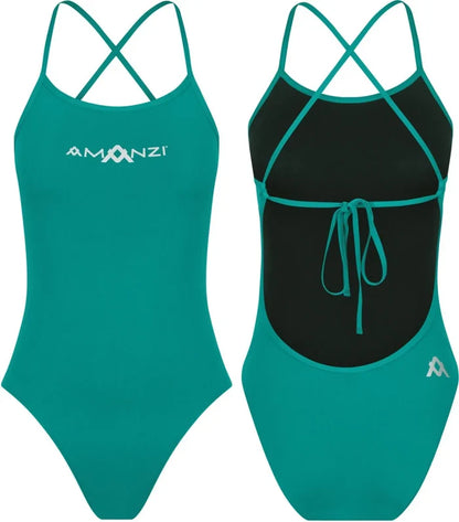 Amani women's blue Capri tie-back one-piece swimsuit with a sleek fit and stylish design, perfect for swimming and beachwear.