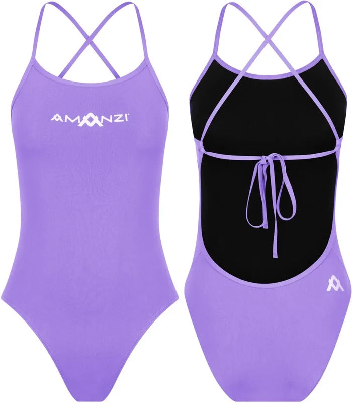 Amani Women's Iris purple tie-back one-piece swimsuit with a sleek design and supportive fit, ideal for swimming and beachwear.