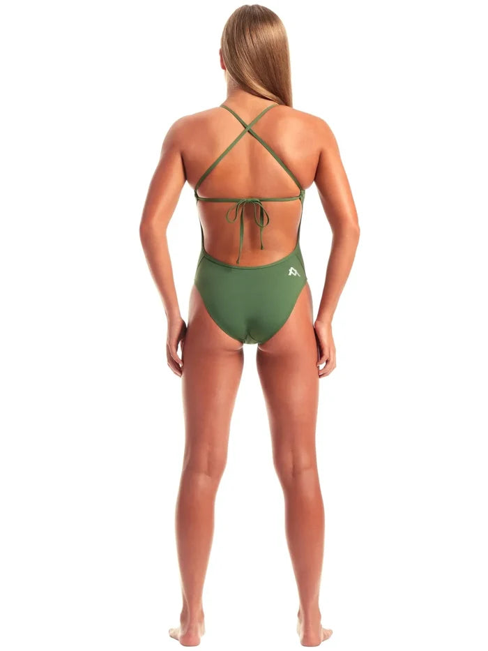Green Amanzi Women's Memphis tie-back swimsuit with adjustable straps, stylish and comfortable for beach or pool.