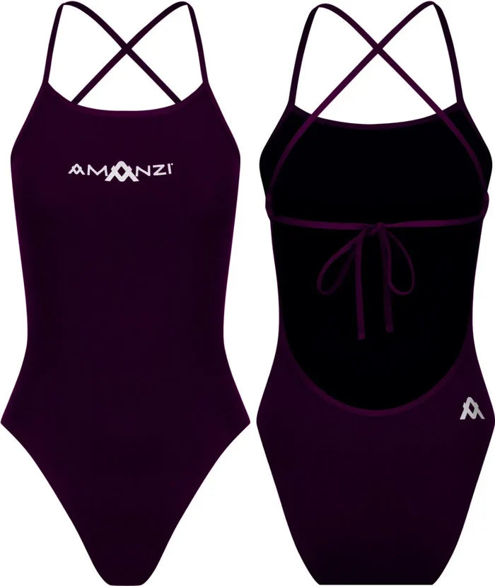 Amani Womens Persia purple tie-back one-piece swimsuit with sleek design and moderate coverage, perfect for swimming and beachwear.