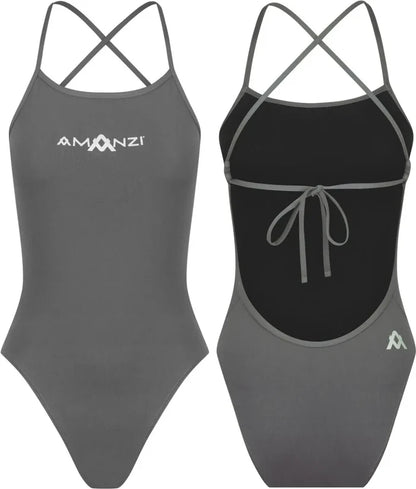 Amani women's grey Shadow Tie Back one-piece swimsuit with a stylish back tie and sleek design, perfect for swimming and beachwear.
