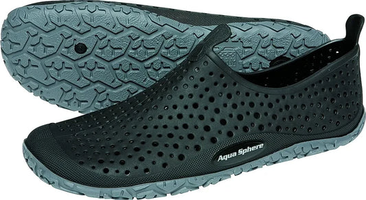 Black AquaSphere pool shoe with textured sole, designed for swimming pool safety and grip.