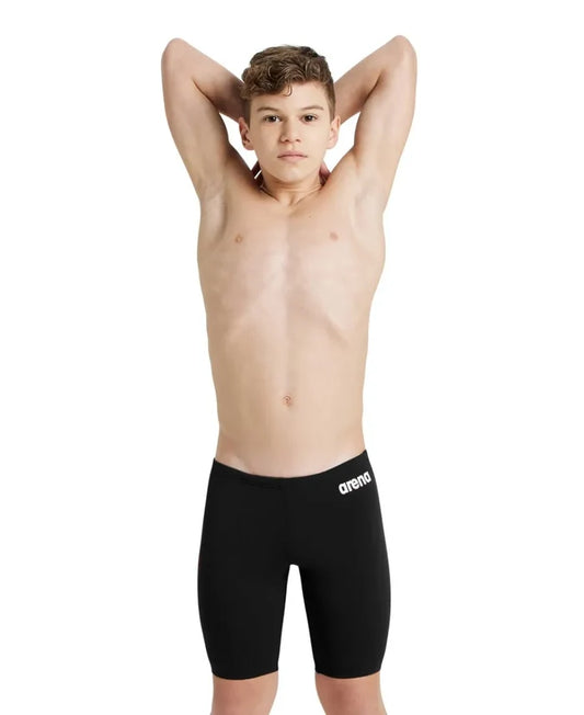Black Arena boys' team swim jammer, snug fit, solid design, ideal for competitive swimming and training.