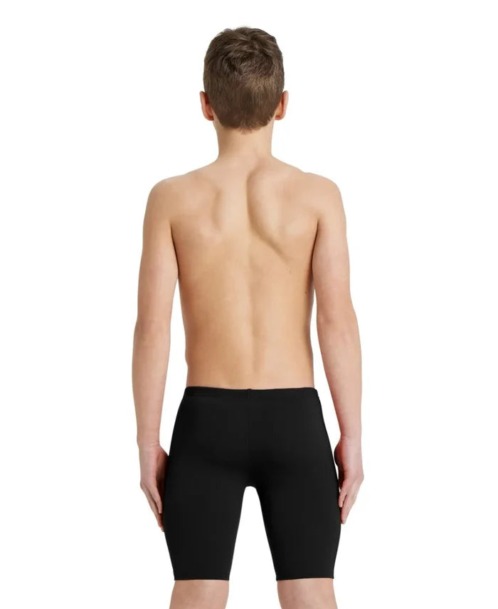 Black Arena boys' team swim jammer, close-up of fitted swimwear with the Arena logo on the waistband.