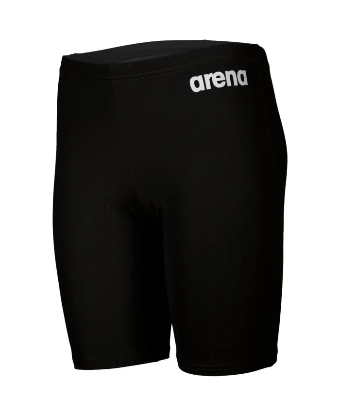 Black Arena boys' swim jammer made of durable, solid fabric, designed for competitive swimming and training.