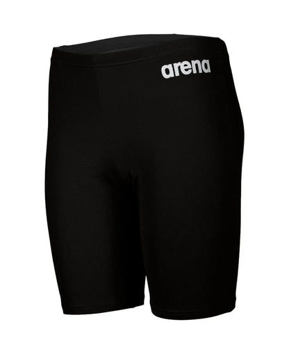 Black Arena boys' swim jammer made of durable, solid fabric, designed for competitive swimming and training.