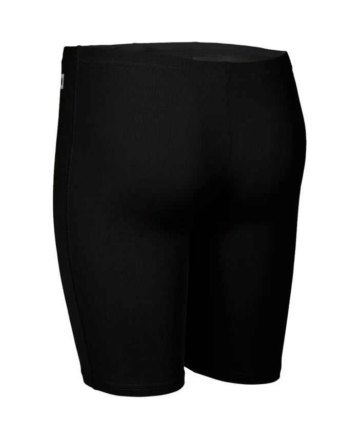 Black Arena Boys' Team Swim Jammer, close-up view showing snug fit and sleek fabric for competitive swimming.