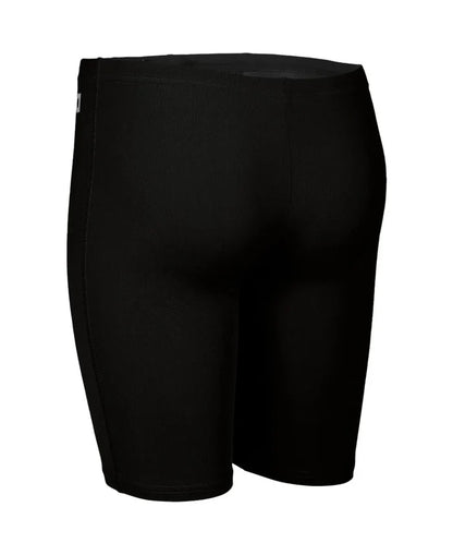 Black Arena Boys' Team Swim Jammer, close-up view showing snug fit and sleek fabric for competitive swimming.