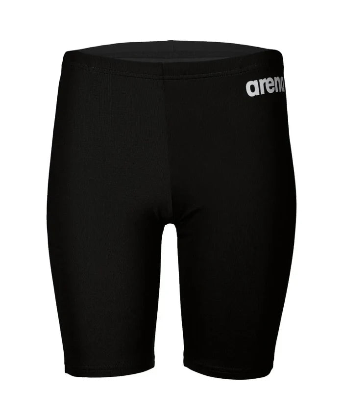 Black Arena boys' swim jammer, made of durable fabric, designed for competitive swimming and training.