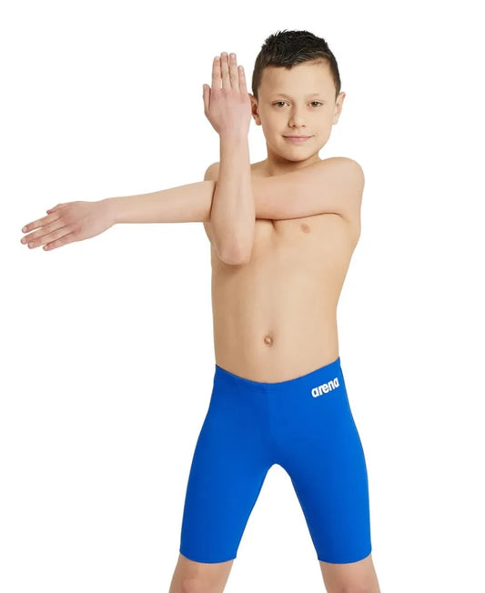 Blue Arena boys' swim jammer, a solid, fitted swimwear for young athletes, designed for competitive swimming and training.