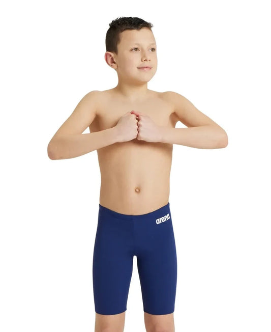 Arena boys' navy blue swim jammers, solid design with a comfortable fit for competitive and recreational swimming.