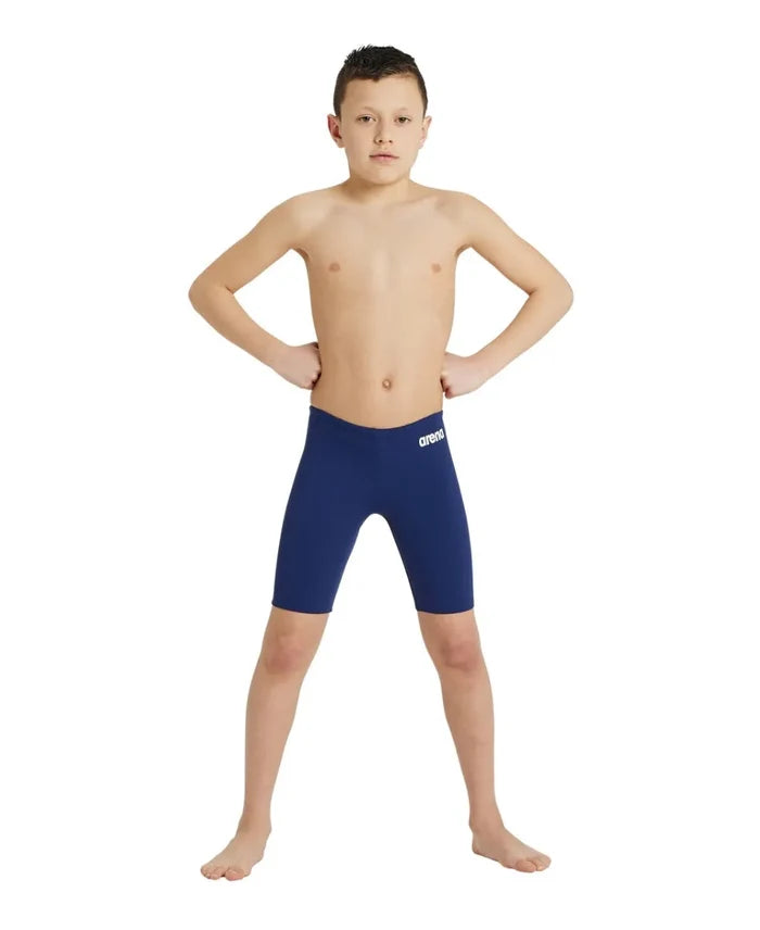 Arena boys' navy blue swim jammer, solid design, made for competitive swimming and training.