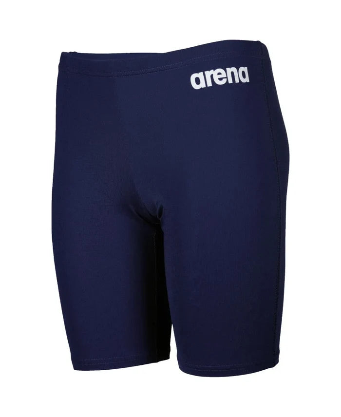 Arena boys' navy blue swim jammer, made for competitive swimming, featuring a sleek, solid design with a comfortable fit.