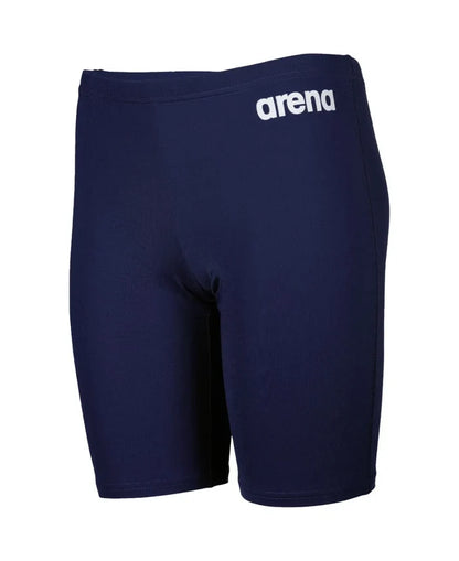 Arena boys' navy blue swim jammer, made for competitive swimming, featuring a sleek, solid design with a comfortable fit.